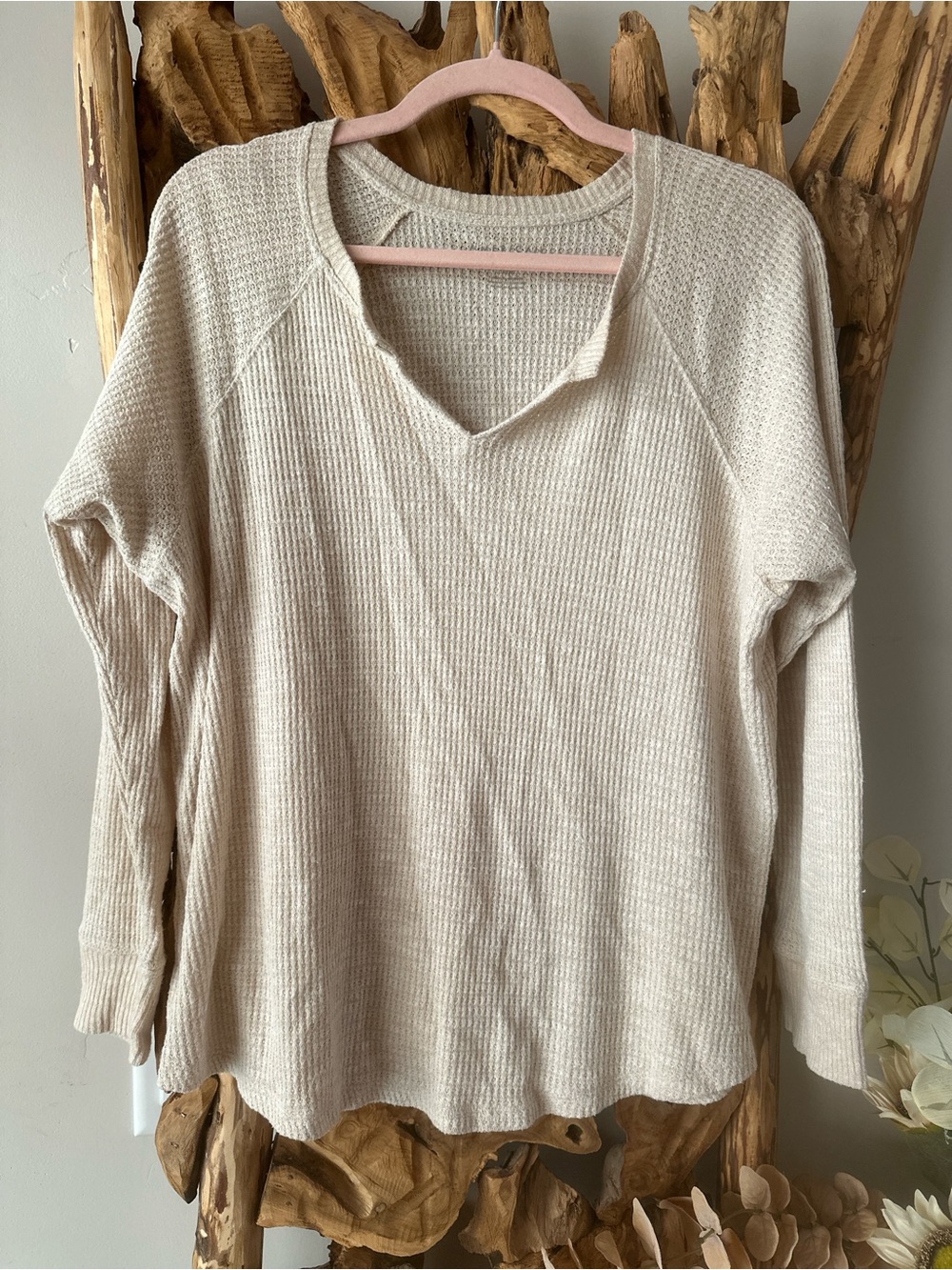 American Eagle Outfitters Cream Waffle-Knit V-Notch Pullover